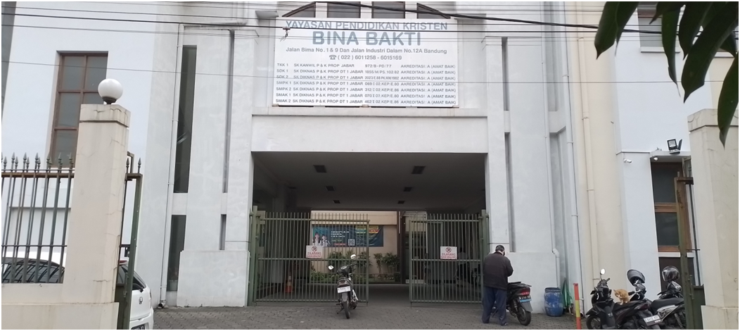 Papan nama Sekolah di Pintu Utama Bangunan Utama SMPK1 Bina Bakti _ Sisi Luar